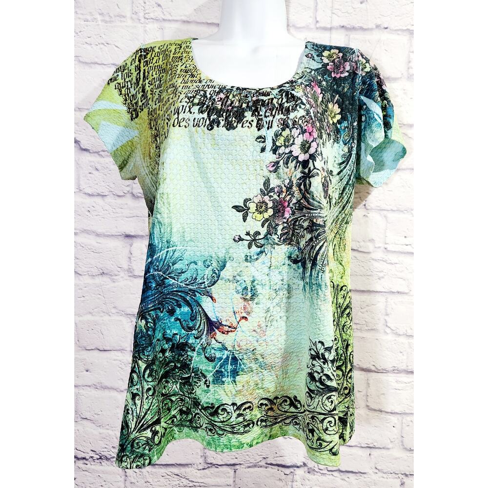 Dressbarn Blue Teal Multicolor Floral Print Top XL Short Sleeves Lightweight